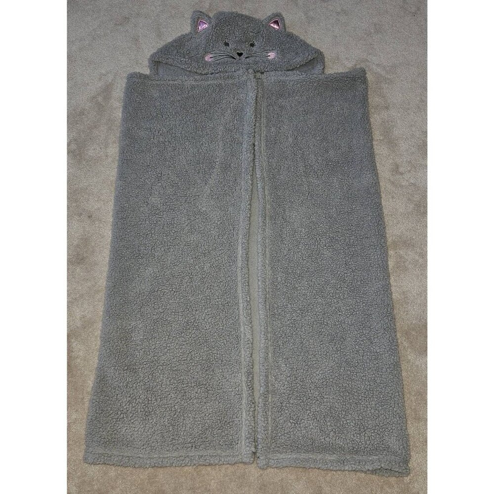 Silver One Gray Kitty Cat Hooded Blanket Soft Sherpa 39x53 Youth Boy Girl